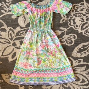 Lilly Pulitzer Pink and Yellow Smocked Off-the-Shoulder Sundress excellent cond